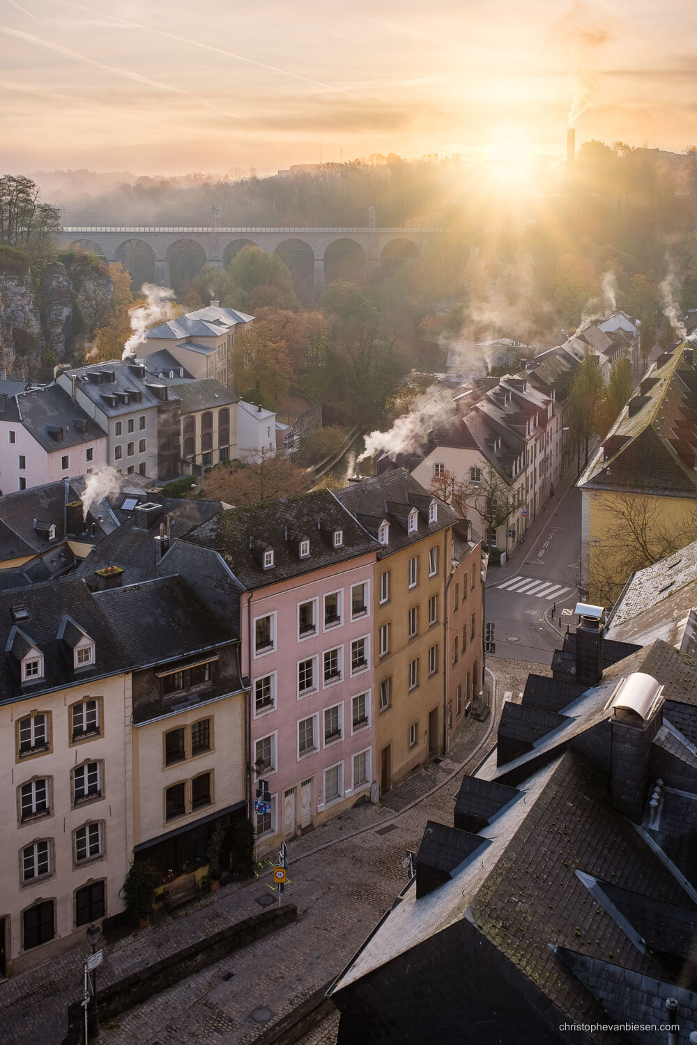 Chimneys smoking on a cold winter morning in Luxembourg City