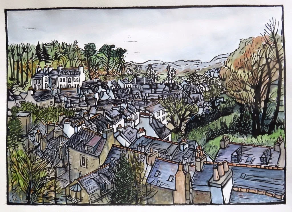 (1) Pont-Aven, roofs seen from bois d'amour. Lino 30x42cm, watercolour