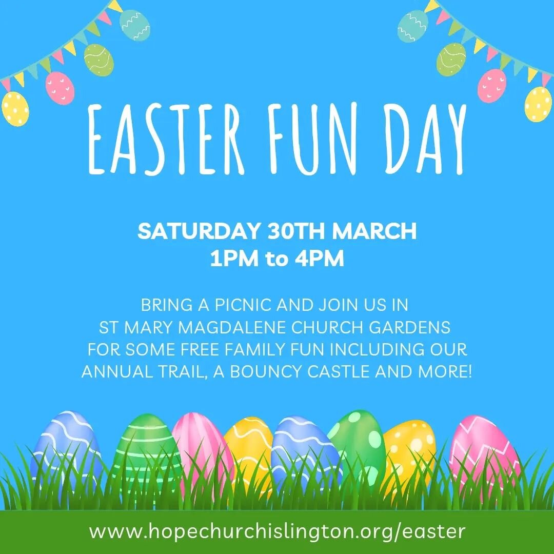 You are invited!

Our Easter Fun Day is free to the whole community and will include our annual Easter trail, a bouncy castle, face painting, and more for everyone to enjoy!

We'll also have a refreshments stall and a raffle (contactless available).
