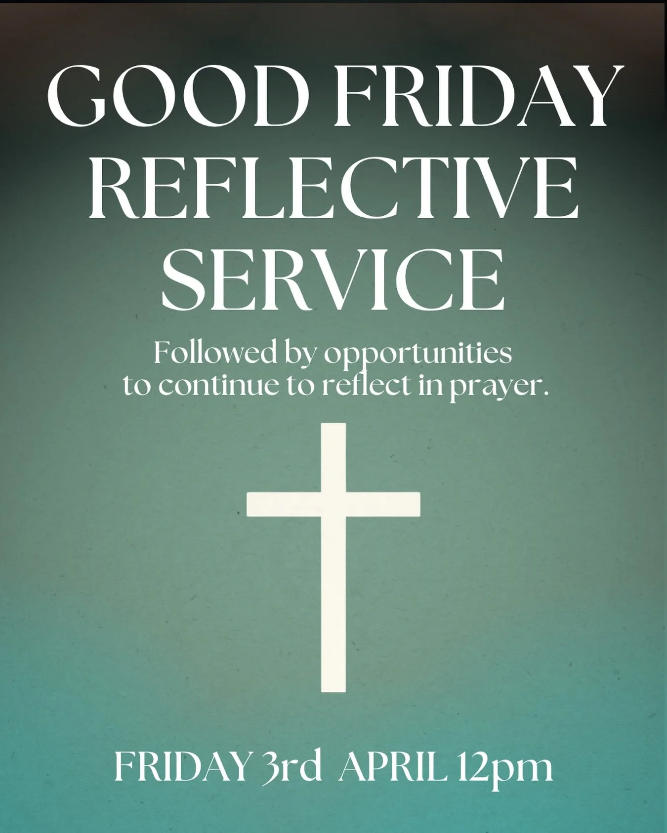 Join us this Good Friday at 12pm - 1pm for a reflective service.

We&rsquo;ll be taking time to reflect on the events of the cross and what they mean, through readings, silence, and prayer. There will also be space to stay afterwards for quiet prayer