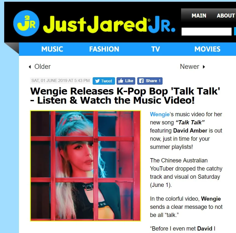Wengie and "Talk Talk" lyrics featured on Just Jared Jnr