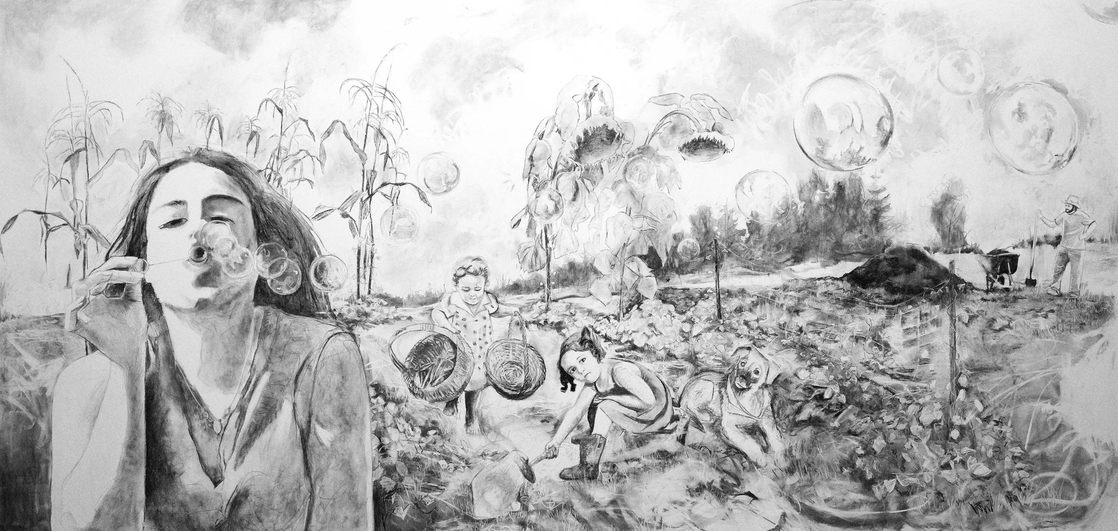 Love is a Garden , charcoal mural on the wall of Lord Hall Gallery, UMO, approx. 18x8ft. visit page >