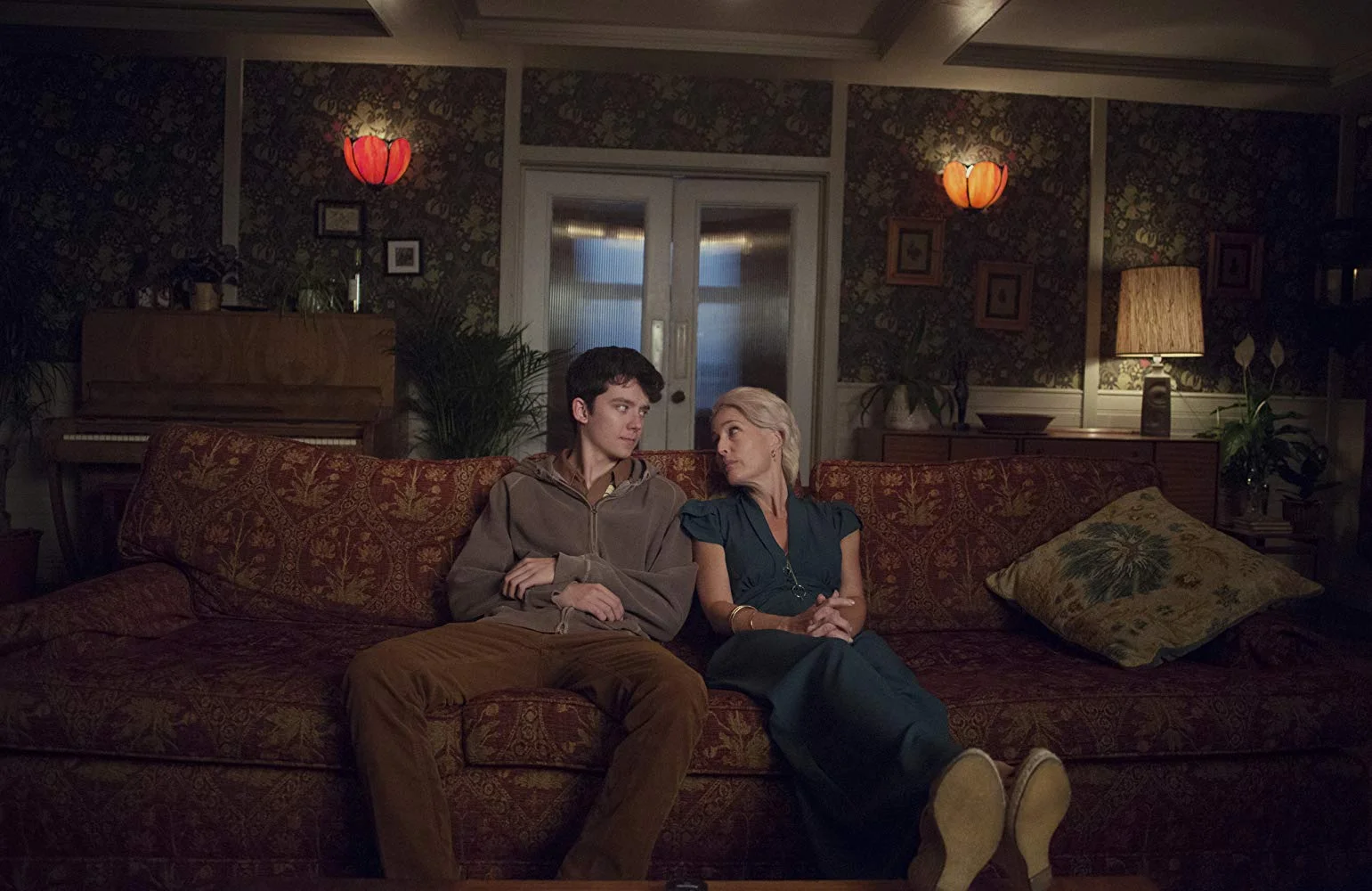 Asa Butterfield as Otis Milburn and Gillian Anderson as Jean Milburn in Sex Education. Courtesy of Netflix.