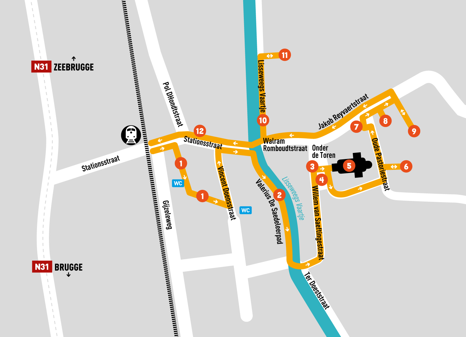 Volg bij voorkeur de aangeduide richting. Zo vermijd je opstoppingen in de nauwe straatjes.
