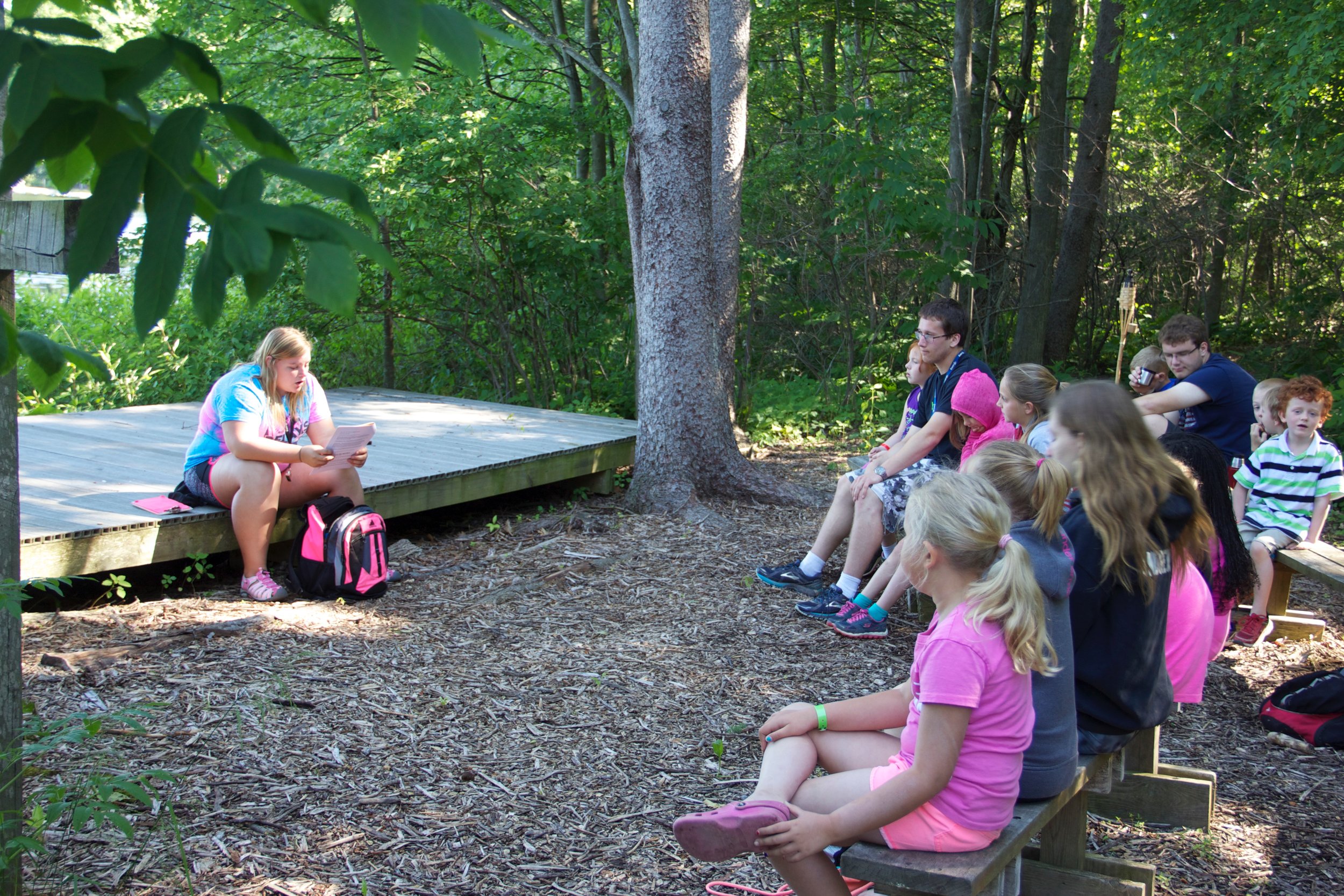 The Outdoor Chapel is a fairly new addition to our facilities. Follow the lakeside trail down towards the lake from behind our Retreat Center and you'll arrive here. It right on the edge of the lake, has seating for 65 people or so, and a stage next to the lake.