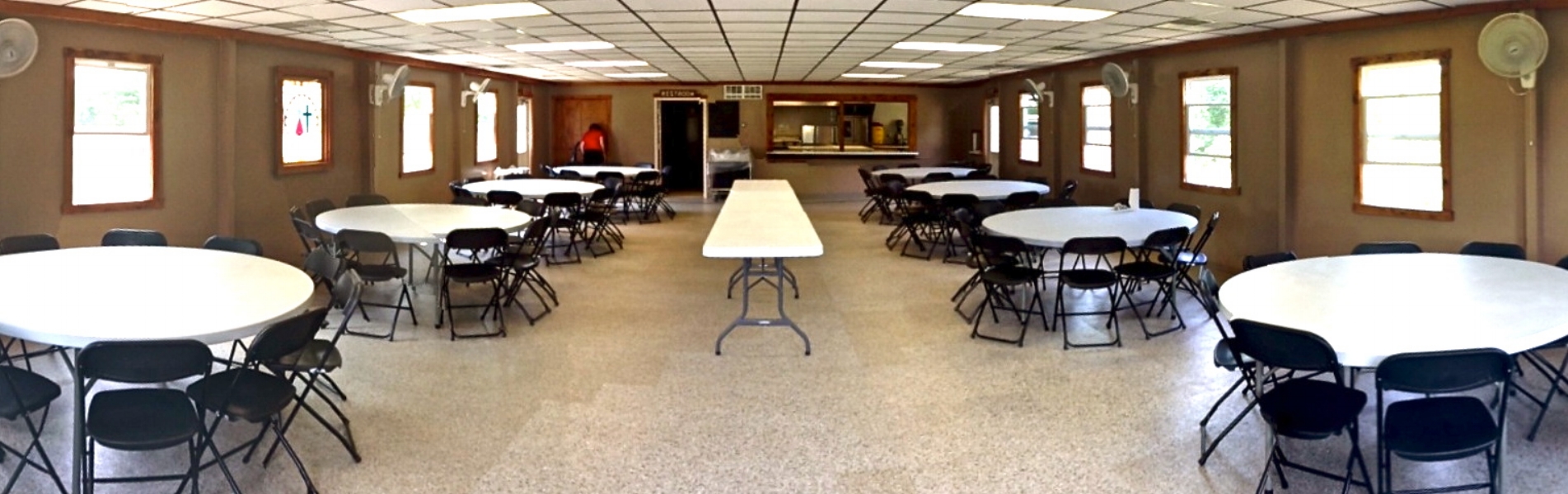 Our Dining Hall can host about 100 people, with up to 10 round tables, and 100 chairs available.