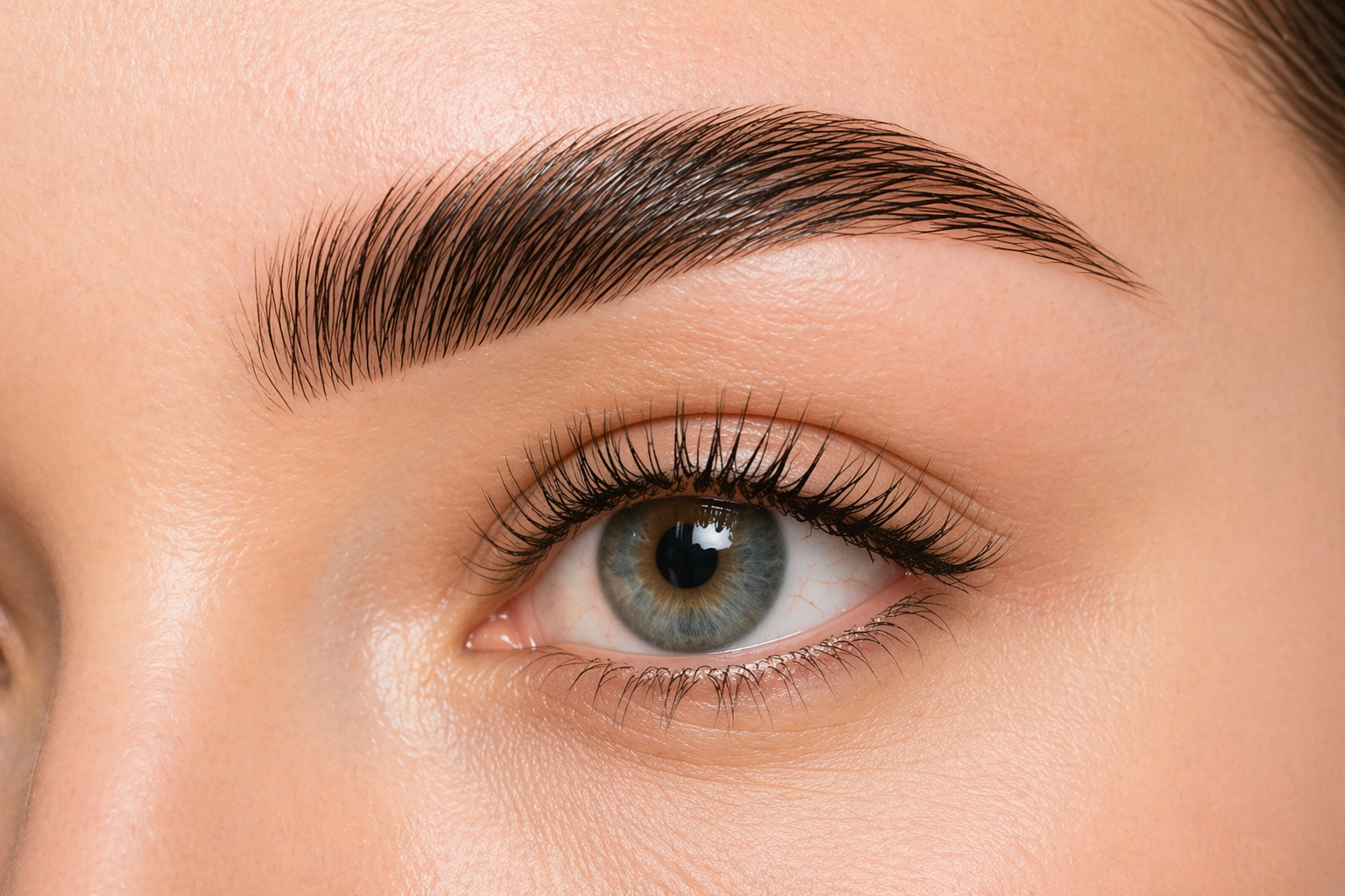 Close-up of eyebrow tint result showing fuller, darker and well-defined natural brows