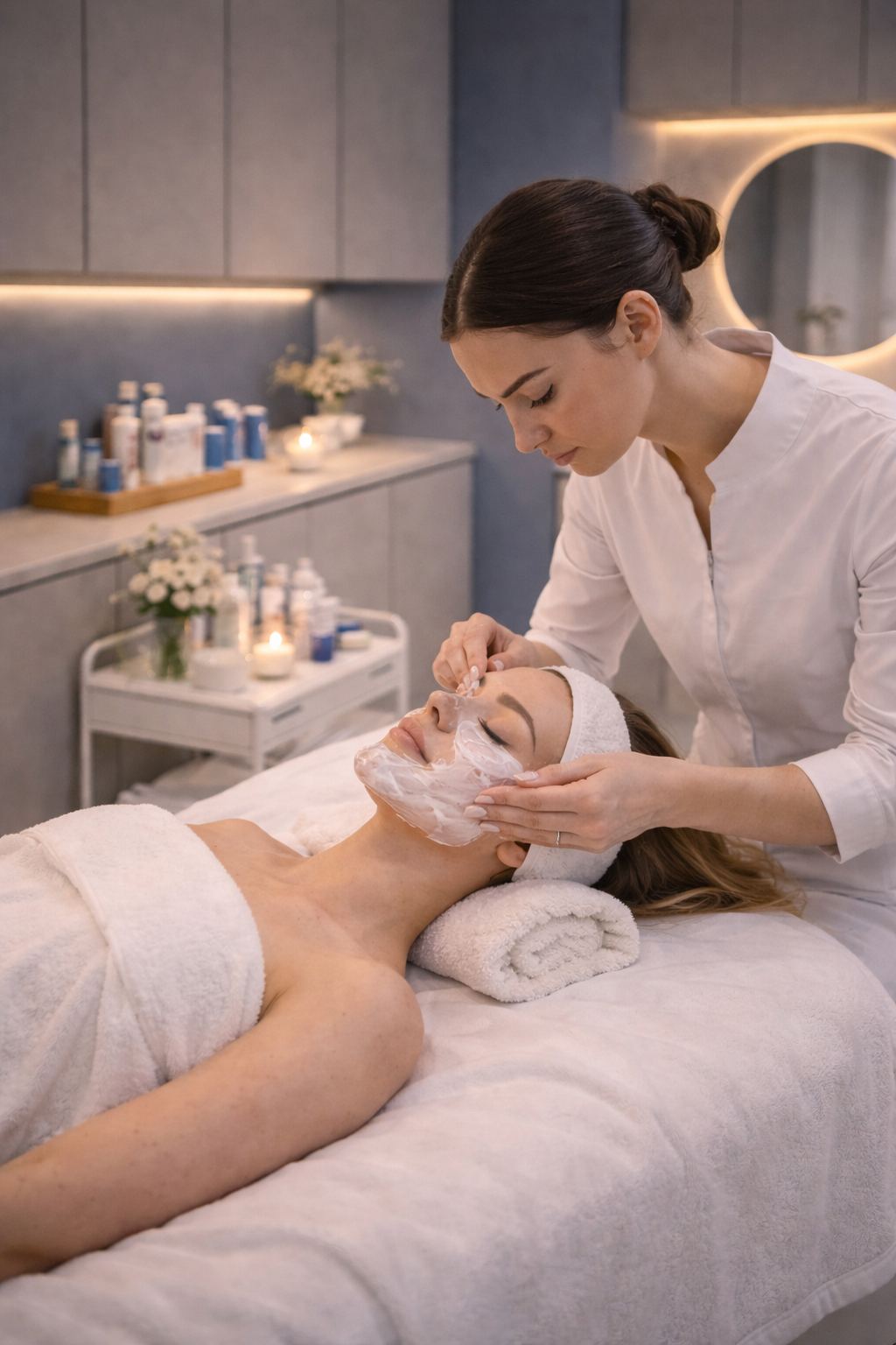 Modern facial treatment focused on skincare technique in a clean and contemporary spa room at Le Salon Paris Sunny Isles Beach
