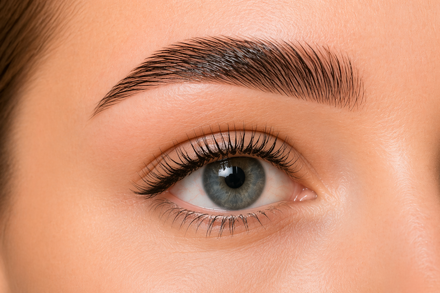 Close-up of natural eyebrow after brow tint showing fuller, defined and clean brow result with soft finish