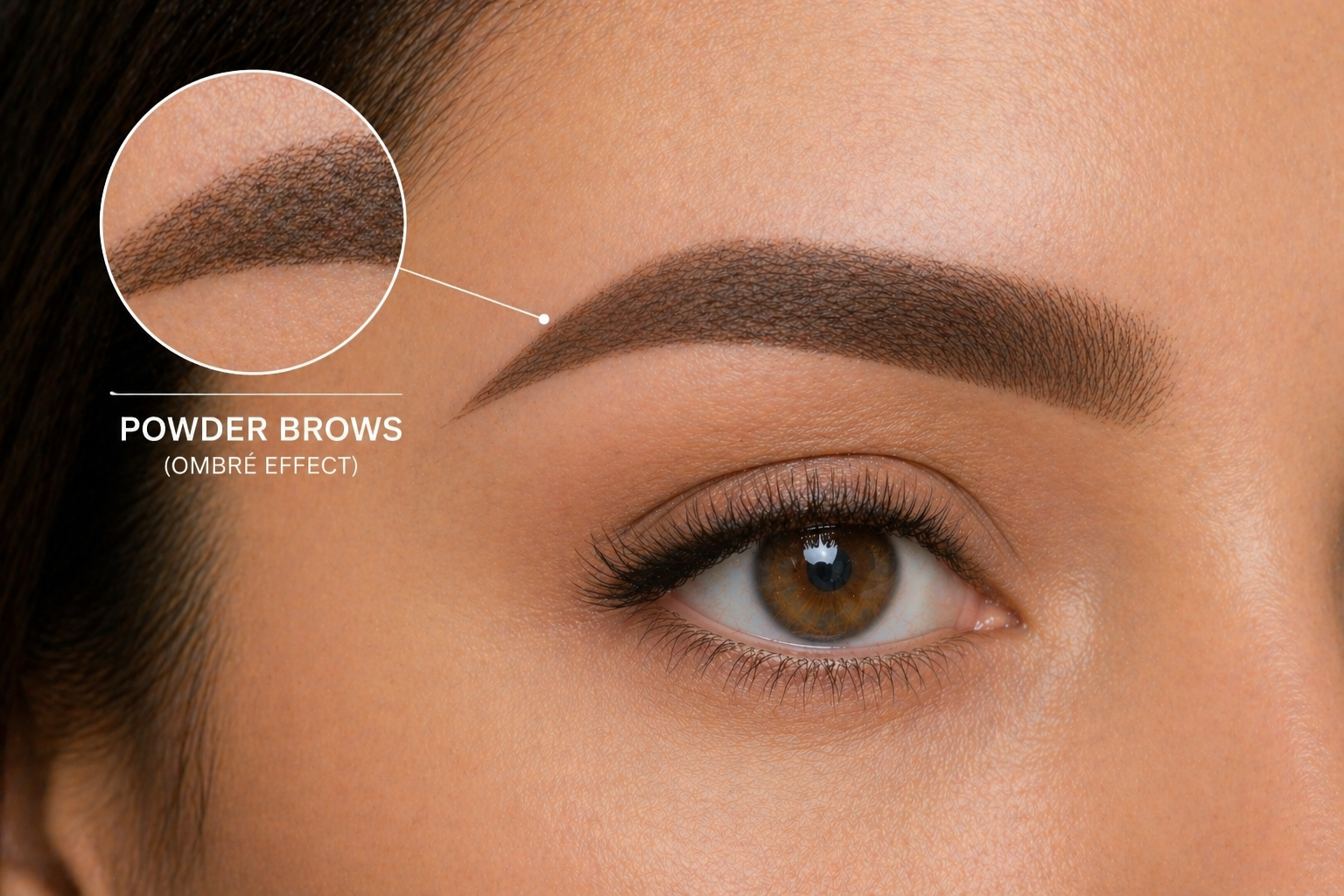 Close-up of eyebrow with powder brows ombré effect showing soft shaded gradient and natural makeup finish