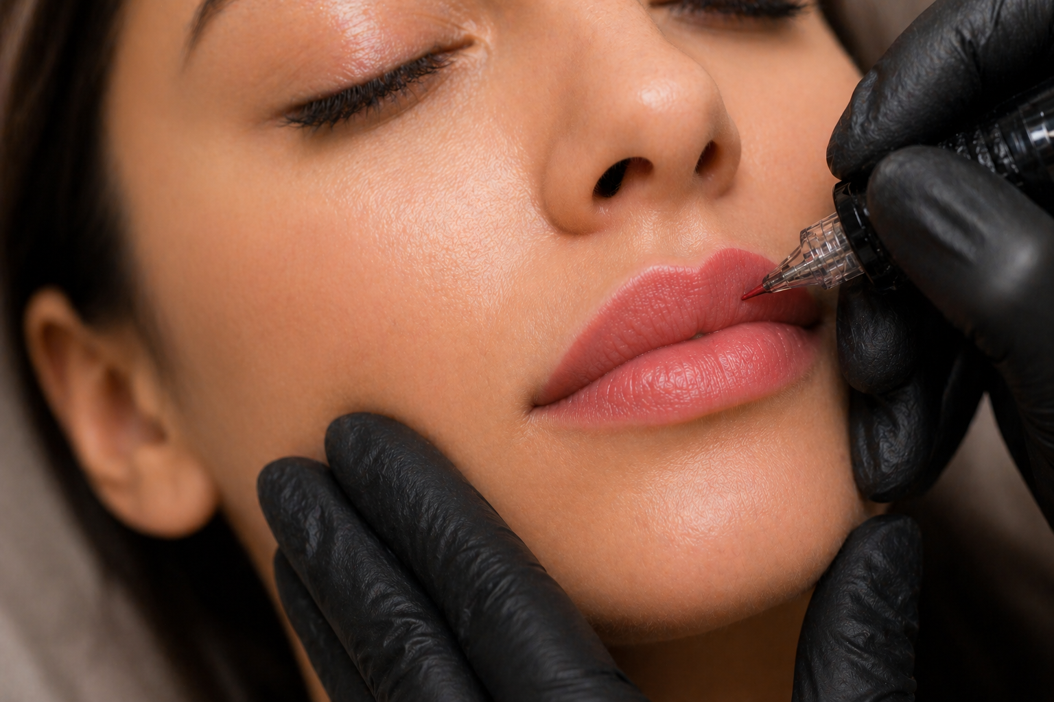 Close-up of lips during permanent makeup touch-up session showing precise refinement of shape and color with cosmetic tattoo machine