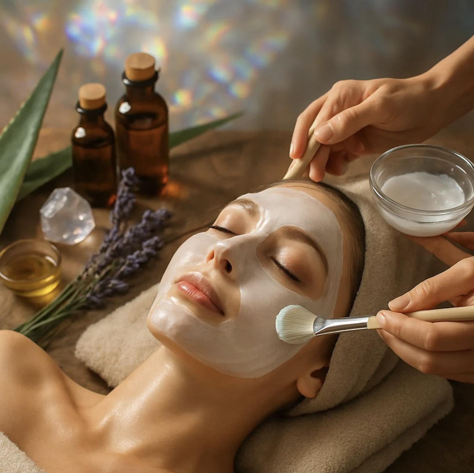 A woman receiving a facial treatment with a clay mask applied to her face, lying down with closed eyes in a spa setting surrounded by skincare products and lavender flowers.