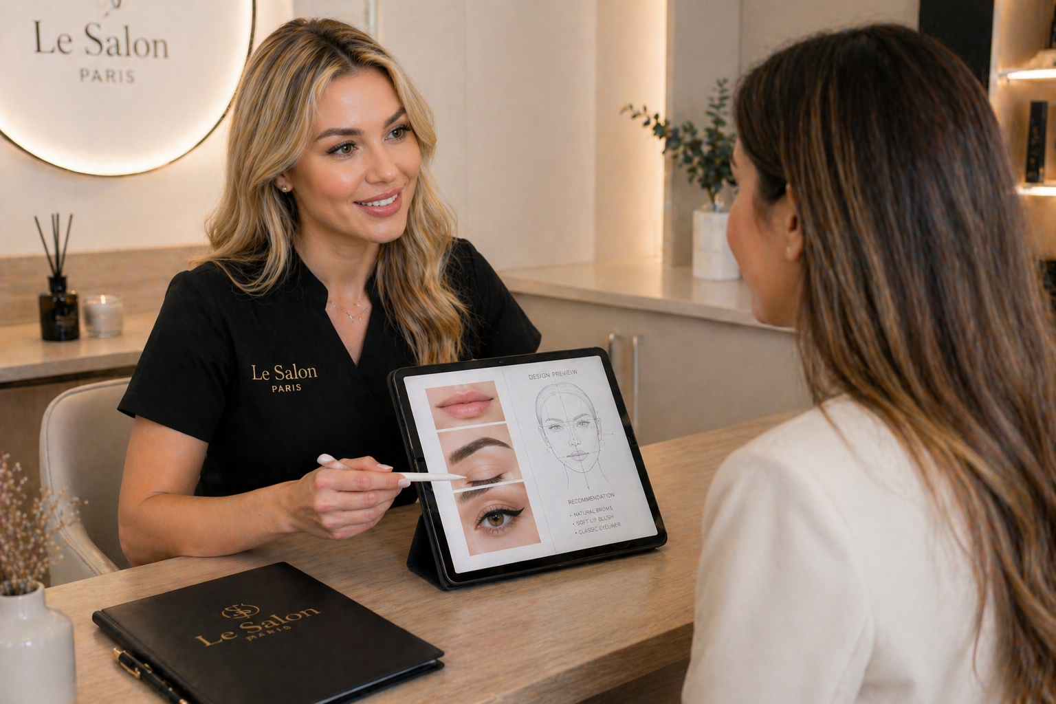 Permanent makeup consultation with client reviewing brow, lip, and eyeliner options on tablet with expert guidance