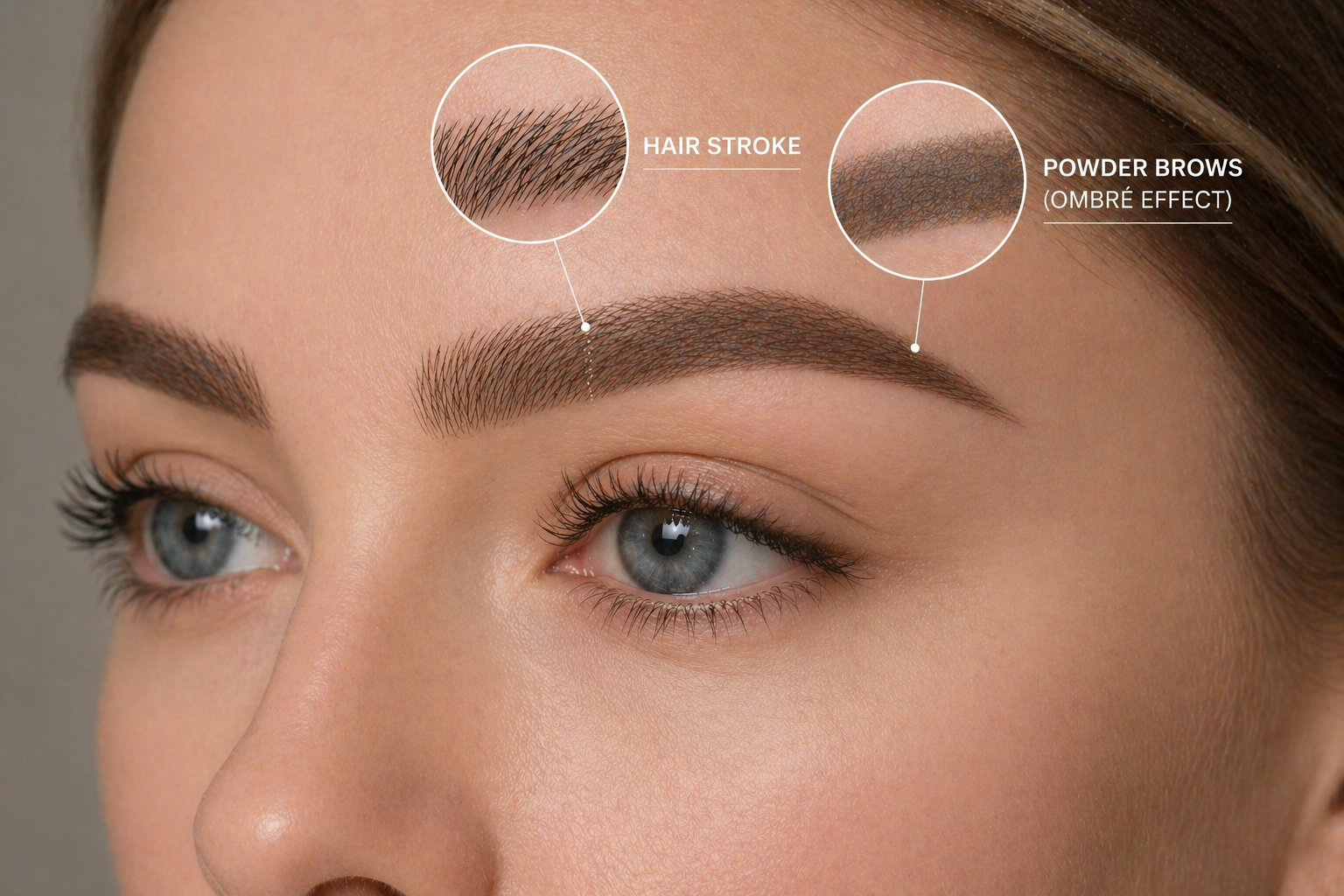 Close-up of eyebrow showing combination brows technique with natural hair strokes at the front and soft powder ombré shading toward the tail