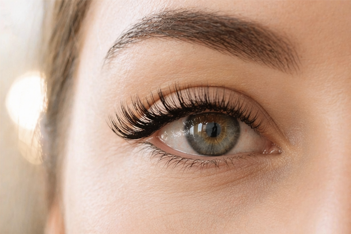 Close-up of volume eyelash extensions creating a full yet natural-looking lash effect