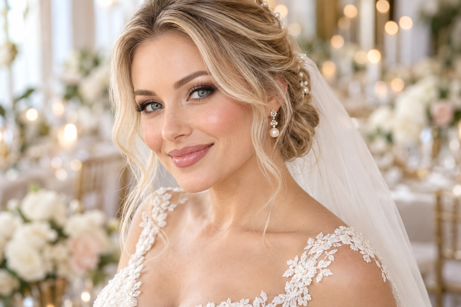 Radiant bridal makeup with beautifully defined eyes, a luminous complexion, and soft pink lips for your wedding day.