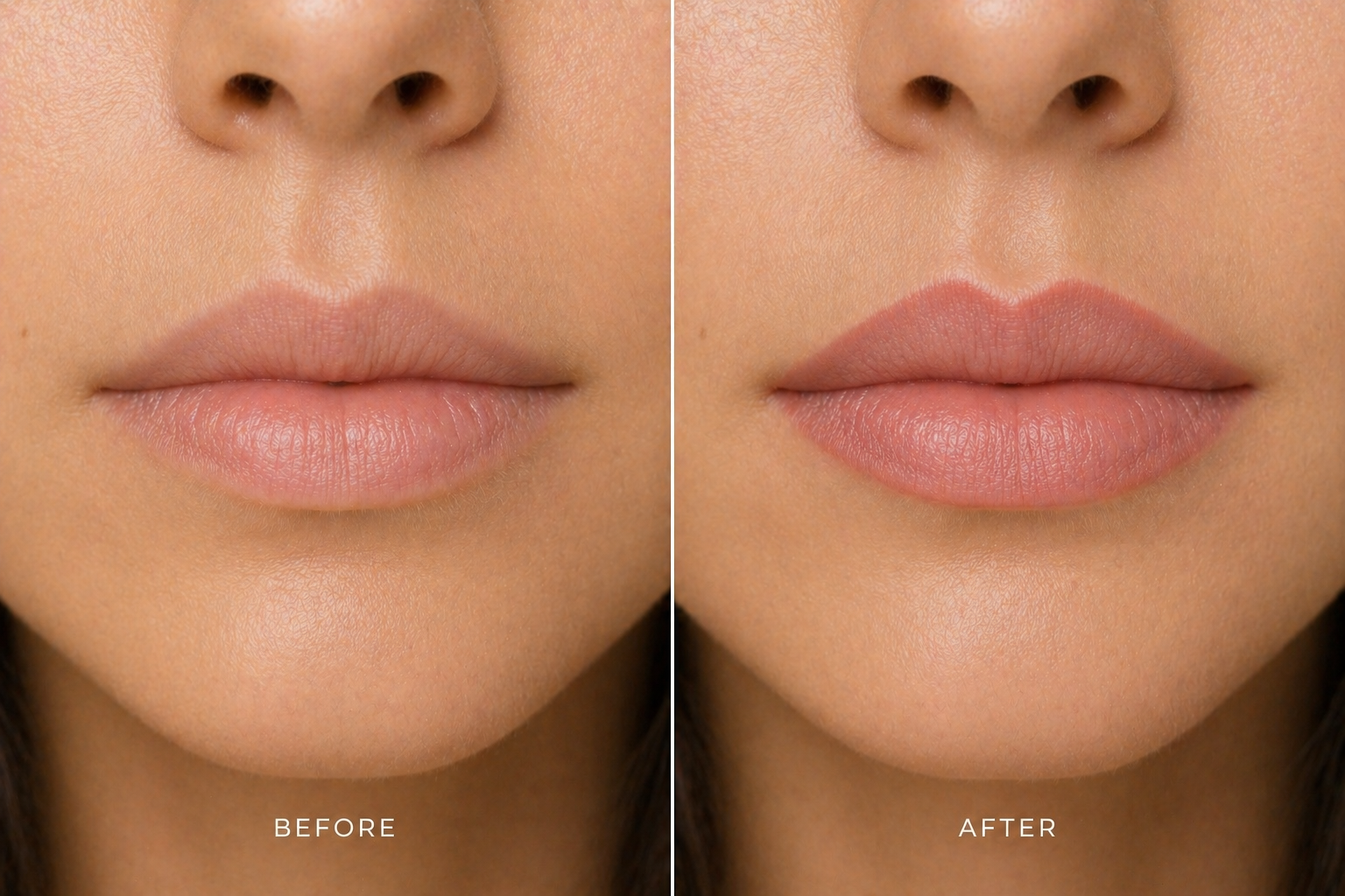 Before and after close-up of lips showing lip contour definition with enhanced shape, symmetry, and natural-looking color