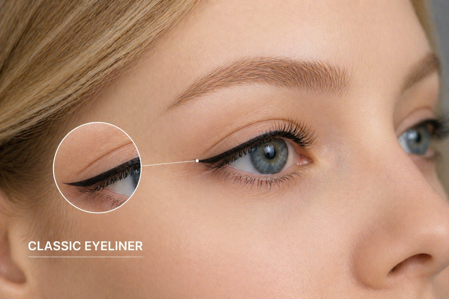 Close-up of blonde woman eye with classic eyeliner showing defined, precise line along the lash line for a timeless polished look