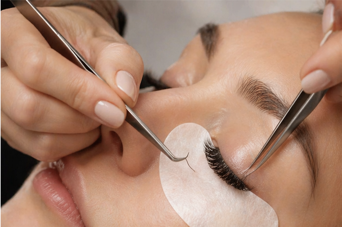 Eyelash extensions application in Sunny Isles Beach using precision tweezers for natural and long-lasting results
