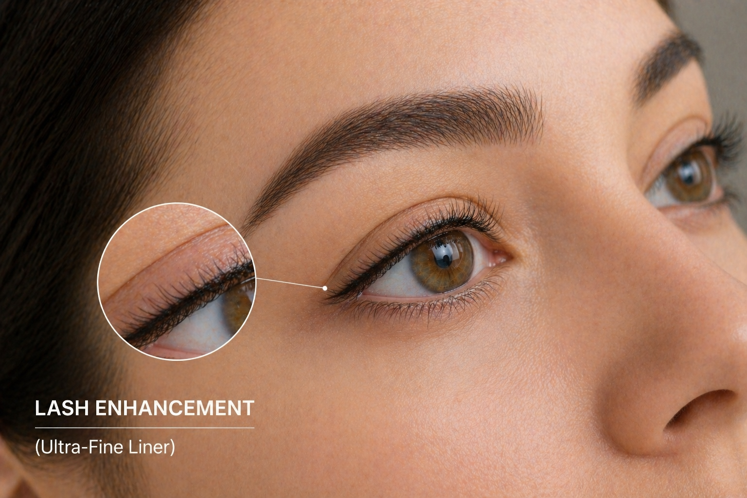 Close-up of eye showing lash enhancement ultra-fine liner with subtle pigment along the lash line for a natural fuller lash effect