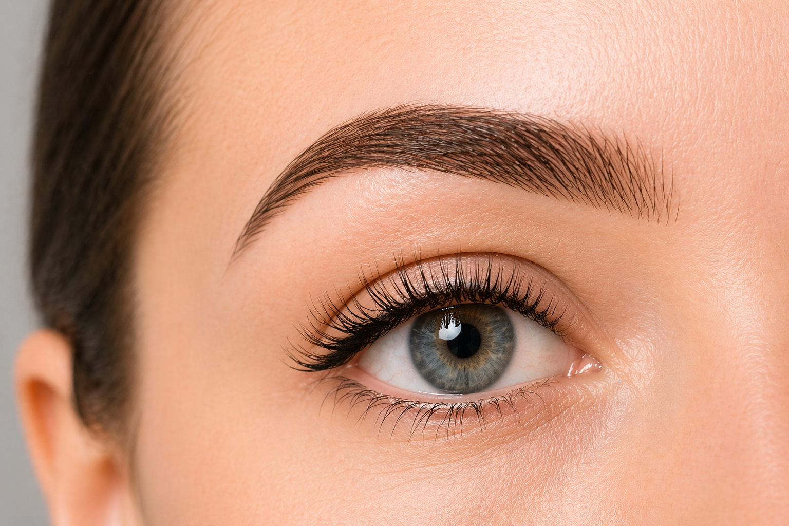 Close-up of natural, well-defined eyebrow with lifted lashes showing clean brow shaping result