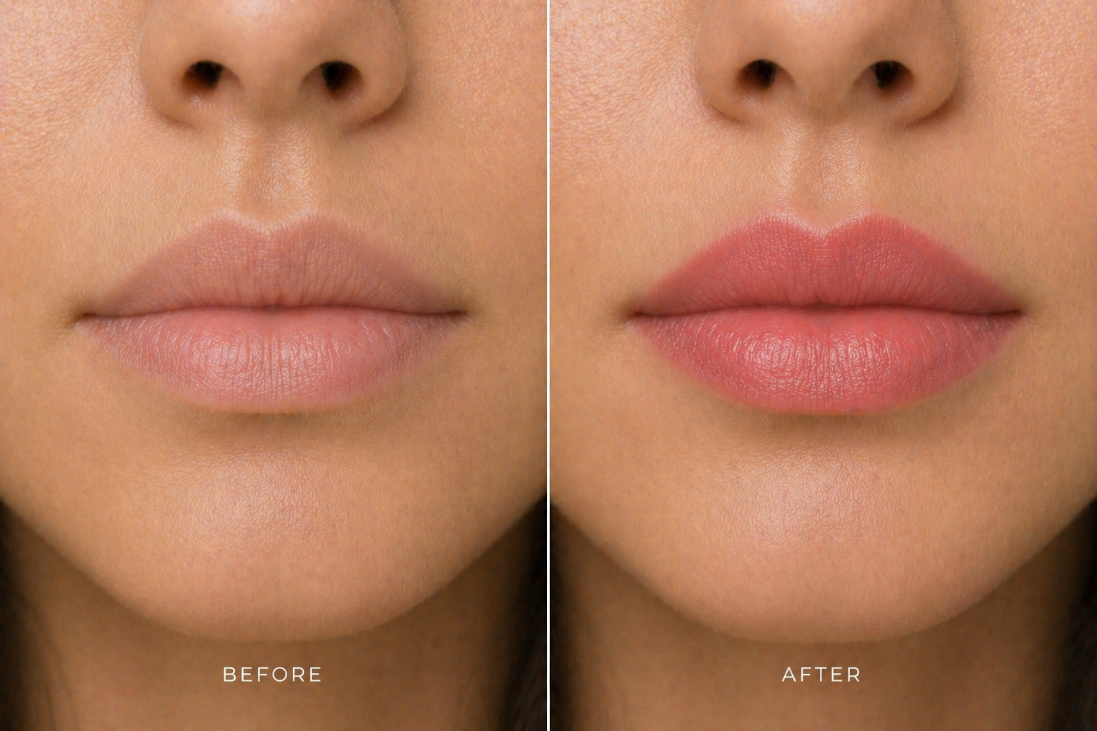 Before and after close-up of lips showing lip blush full tint with a soft natural pink color enhancing tone and giving a fresh healthy look