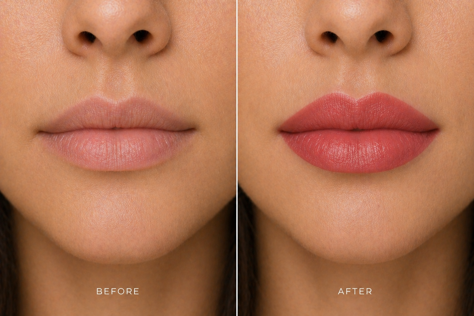 Before and after close-up of lips showing full lip color permanent makeup with a soft lipstick-style finish and enhanced definition