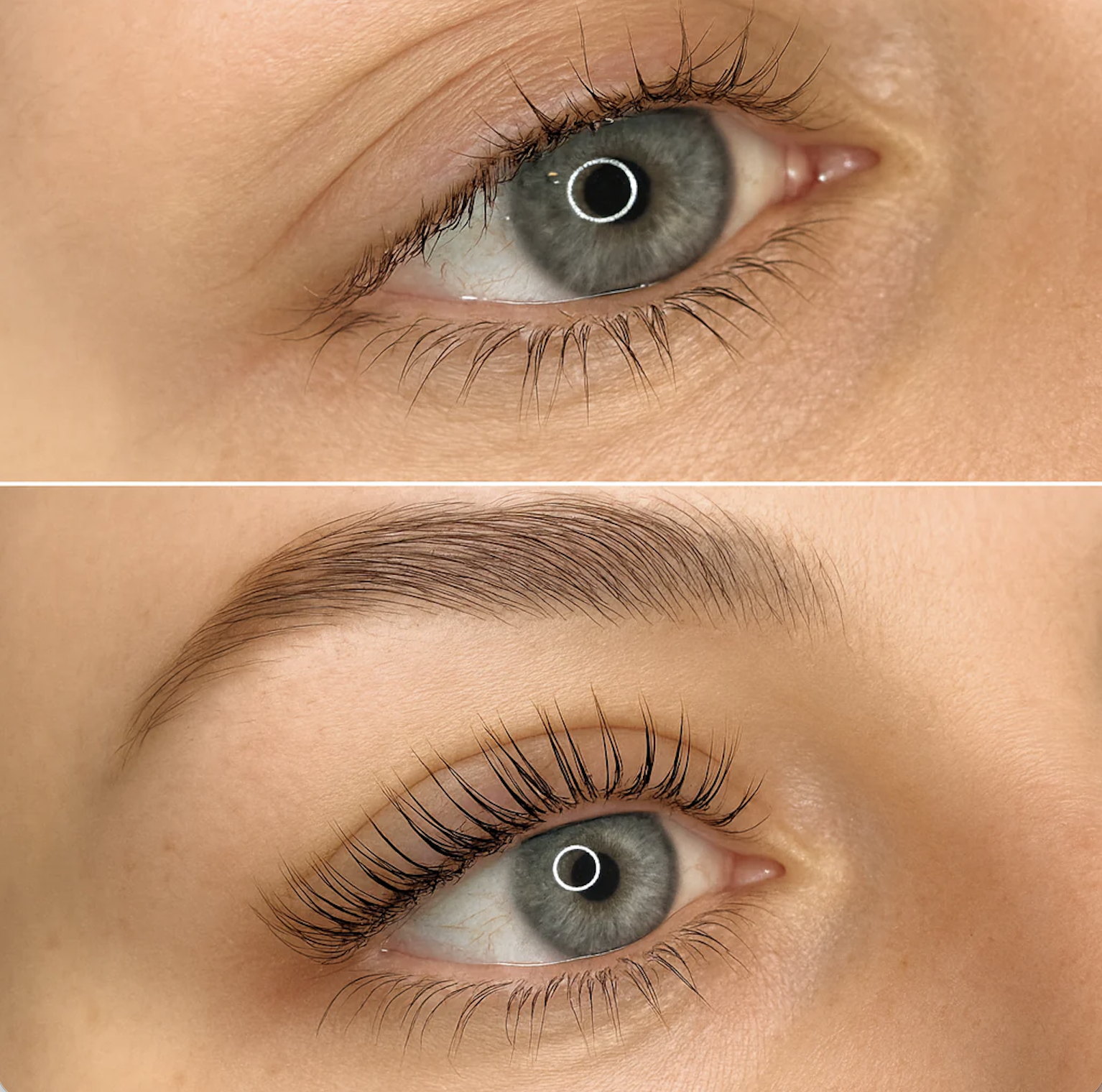 Close-up of a human eye before and after eyelash enhancement or extension, showing the difference in eyelash length and fullness.