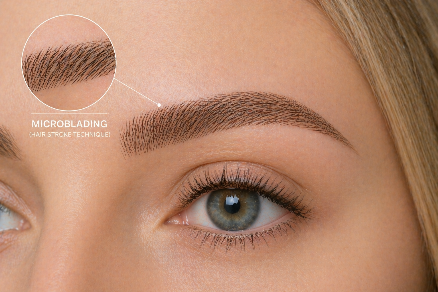 Close-up of a person's eye and eyebrow, with a label highlighting the microblading hair stroke technique used for eyebrow enhancement.