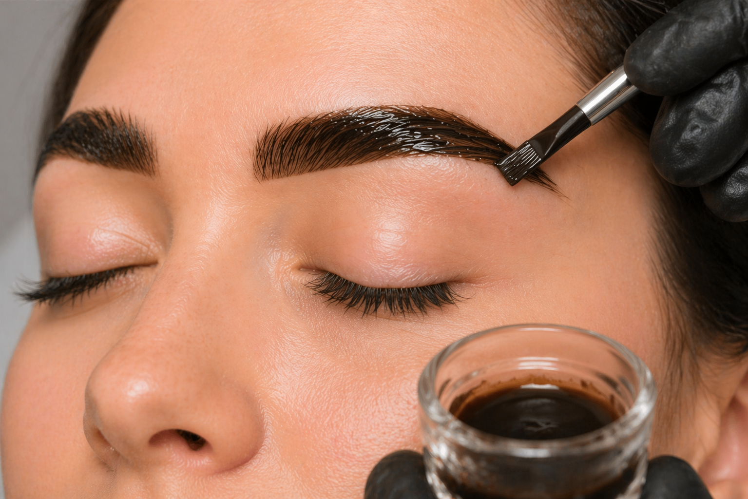 Professional brow tint application with brush creating fuller, defined and structured eyebrows