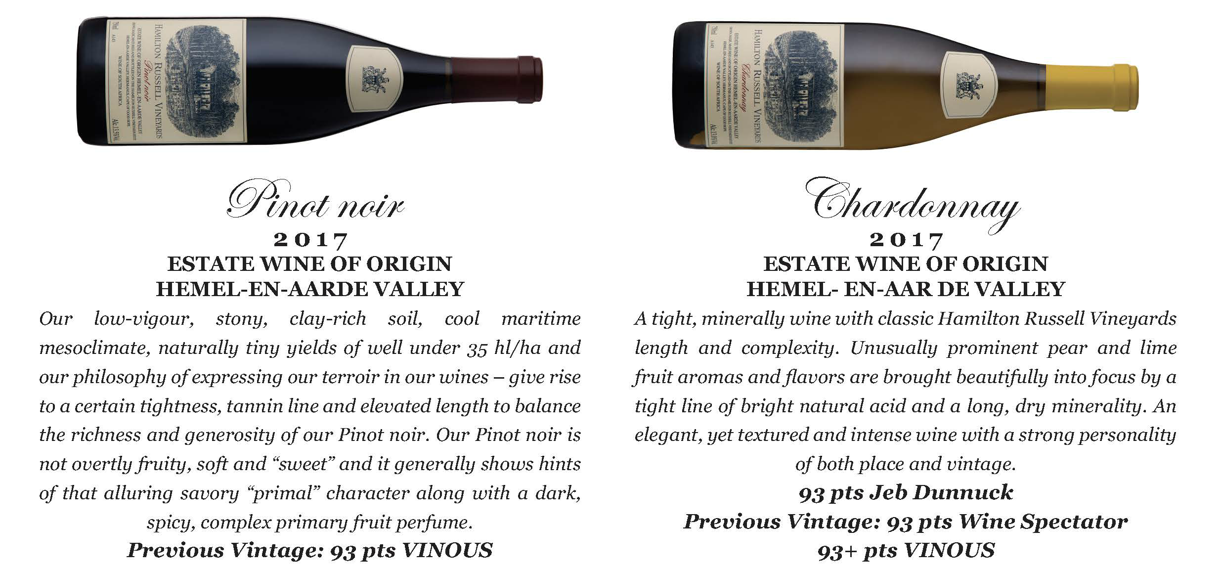 Hamilton Russell Vineyards 2017 Pinot Noir Hemel-En-Aarde and 2017 Chardonnay Hemel-En-Aarde