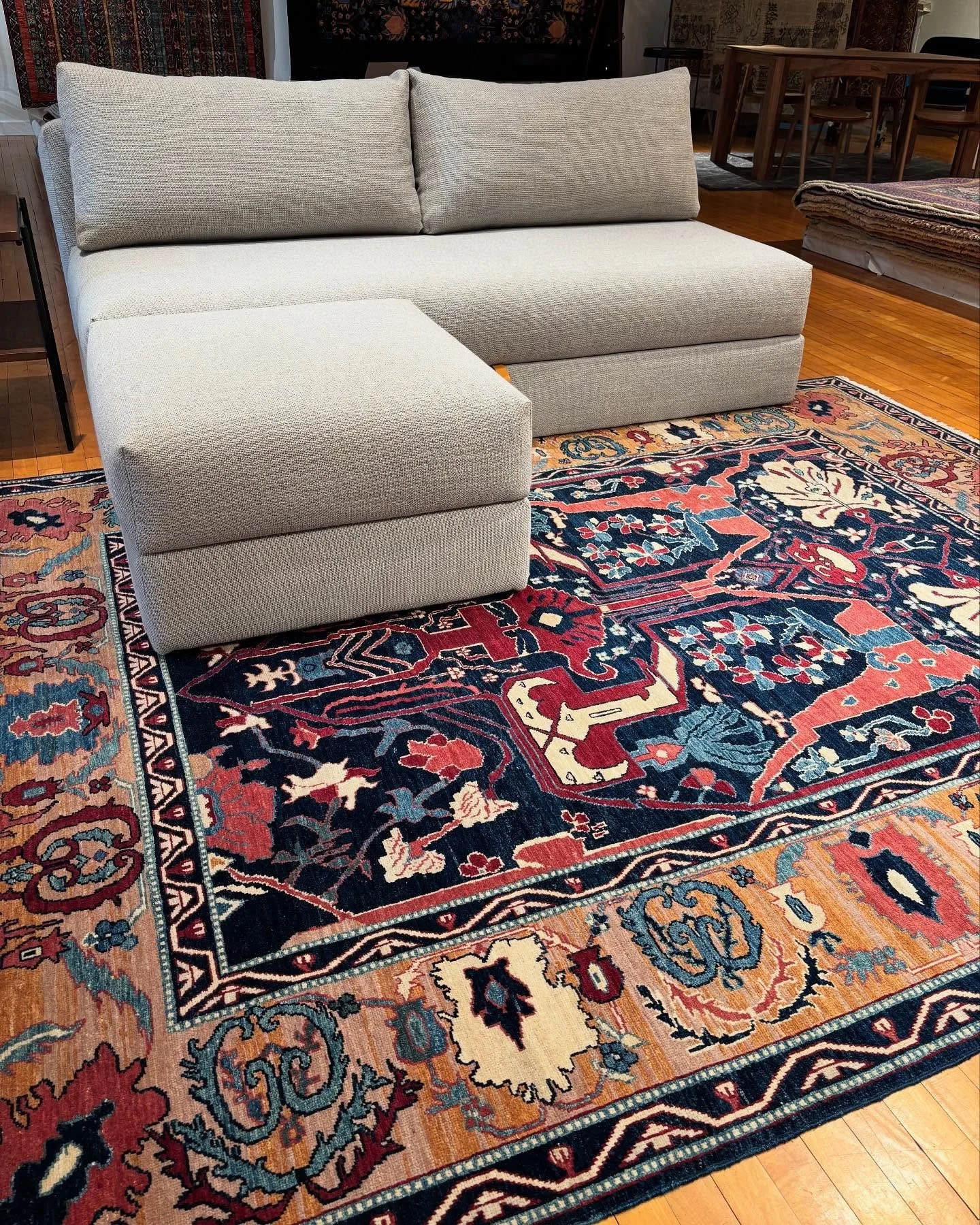 This 8x 10 vegetable dyed rug has a timeless tribal design. Hand-knotted in Turkey.  Please visit us in our State College showroom.⁠ ⁠ ⁠

#shoplocal⁠ #shopsmall #naturalfurniture⁠ ⁠#scandinaviandesign⁠  #nordicliving⁠ #hyggehome #boalsburgpa #boalsbu