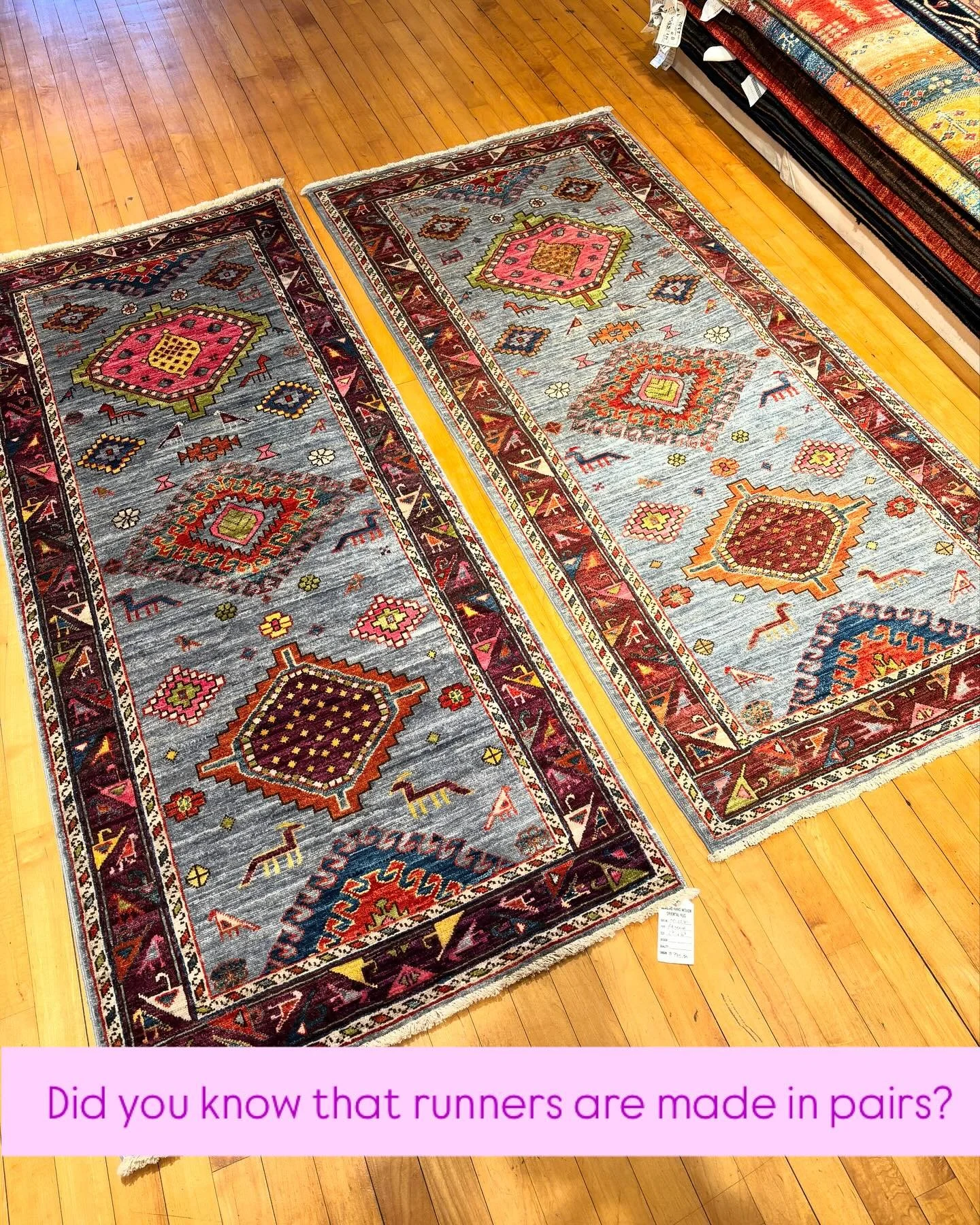 Having a pair of runners is a great option for alongside a bed or around a kitchen island. Why are they made in pairs? Hand made rugs are knotted on a loom. Since runners are narrower than say and 8x10 area rug, it is more efficient to prepare the lo