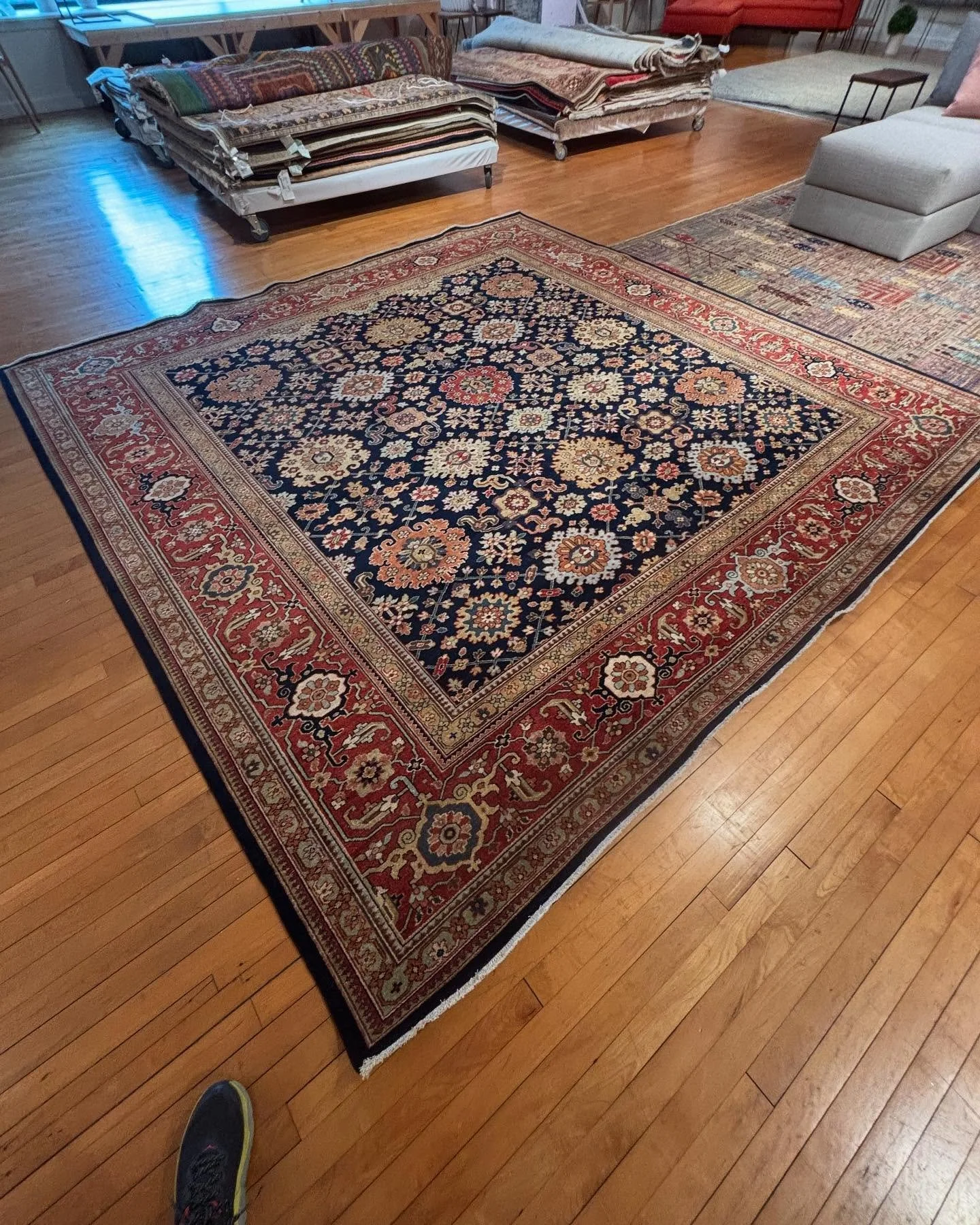 This Serapi collection comes in a variety of sizes. This is a 12 x 12 piece made with vegi dyes and hand spun wool with a special hard twist finish. When scene in person, the hard twist technique gives the rug a vintage appearance. Visit us in our St