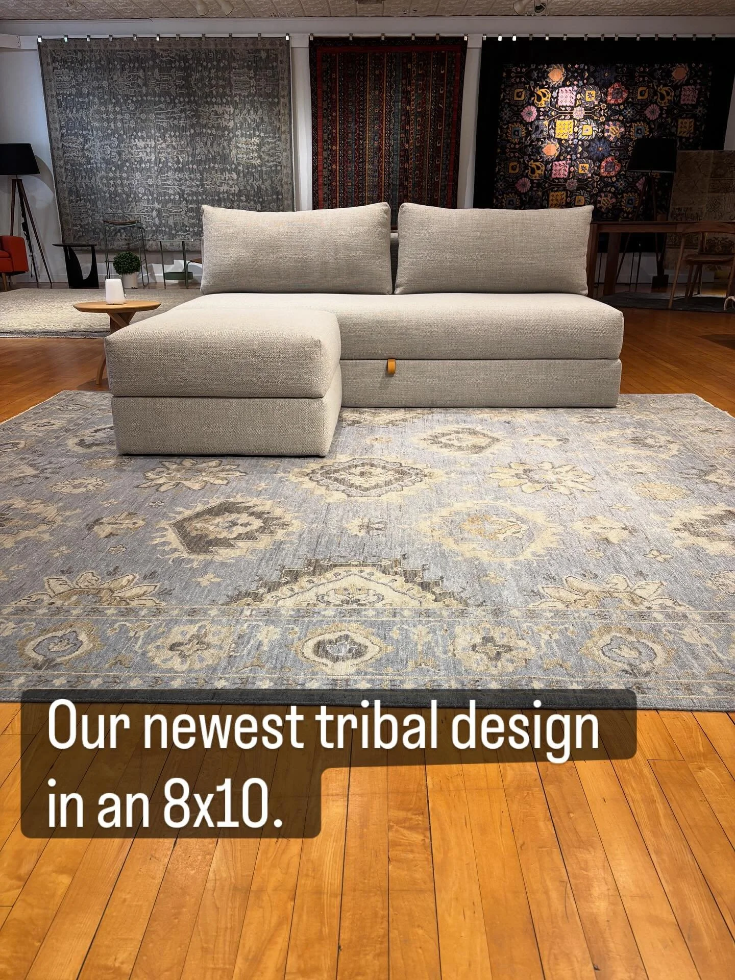 the cool color palette of this hand made rug gives it a relaxing informal feel. The hand-spun wool adds to the vibe by softening the design. Please visit us in our State College showroom.⁠ ⁠ ⁠

#shoplocal⁠ #shopsmall #naturalfurniture⁠ ⁠#scandinavian