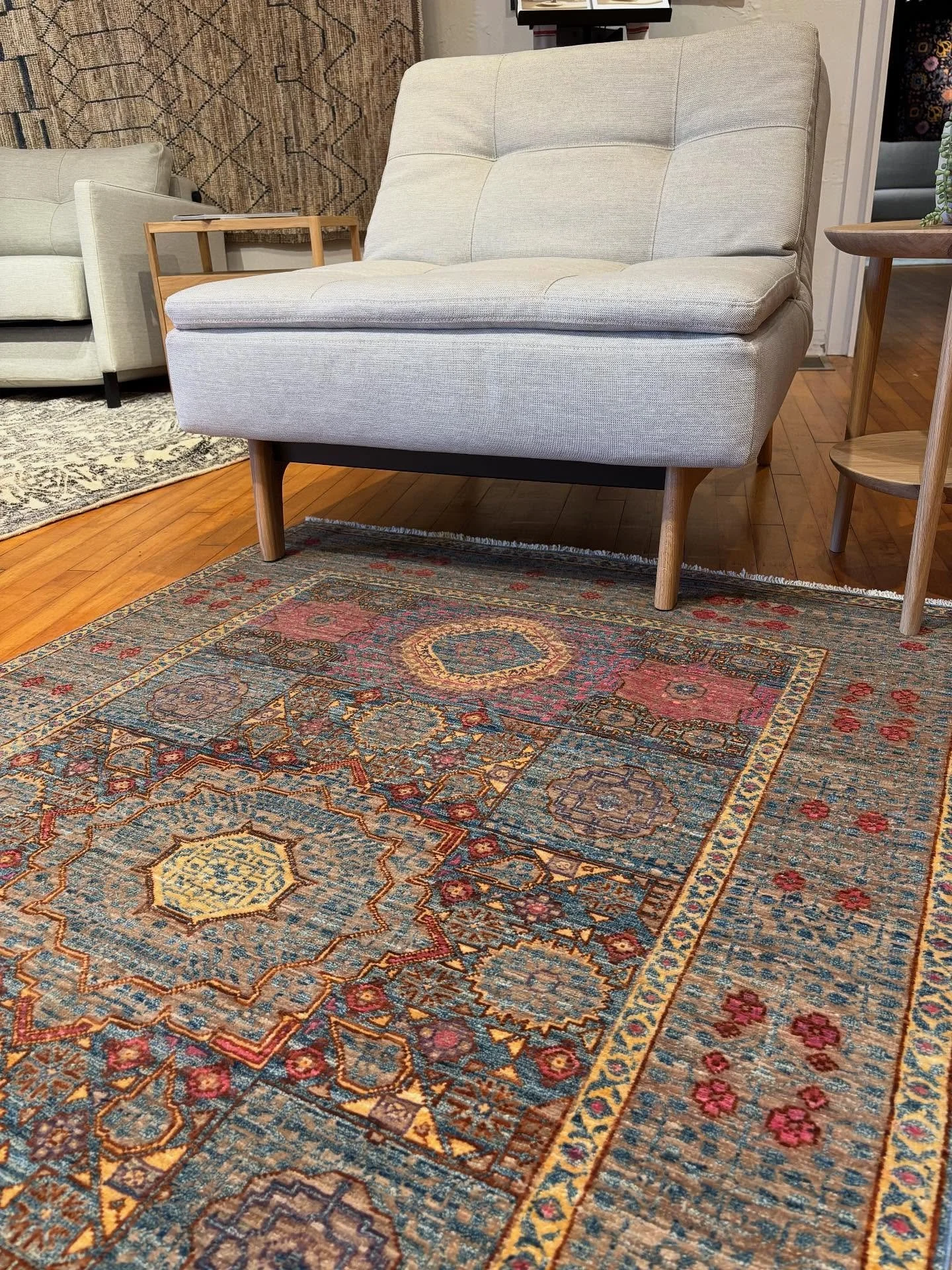 One of our favorite rugs in the store. While this is a 4x6, we can have it made in any size. Pictured with our Scandinavian furniture. Please visit us in our State College showroom.⁠ ⁠ ⁠

#shoplocal⁠ #shopsmall #naturalfurniture⁠ ⁠#scandinaviandesign