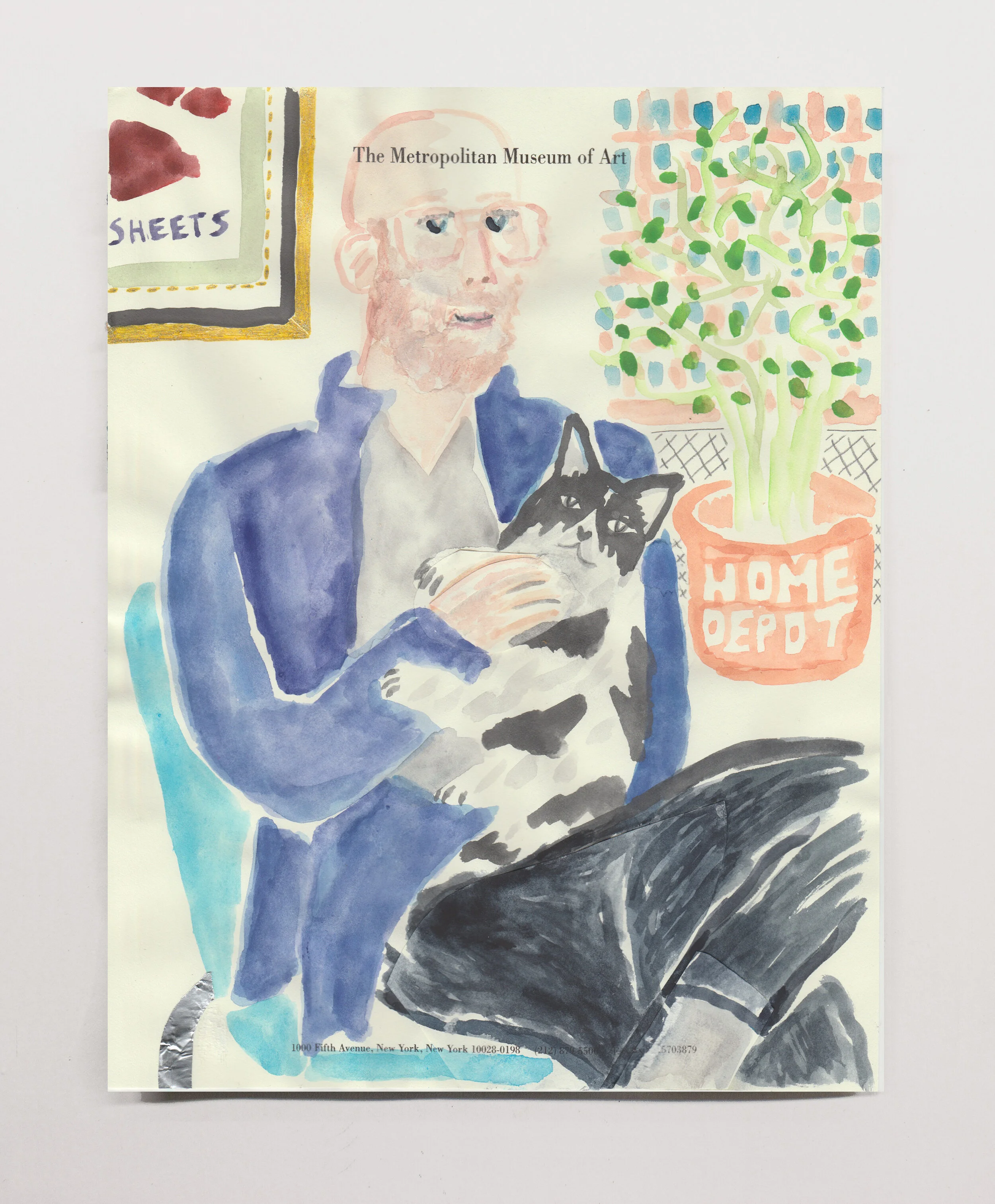   Artist and His Cat  , 2020 watercolor and foil on paper, 11 x 8.5” 