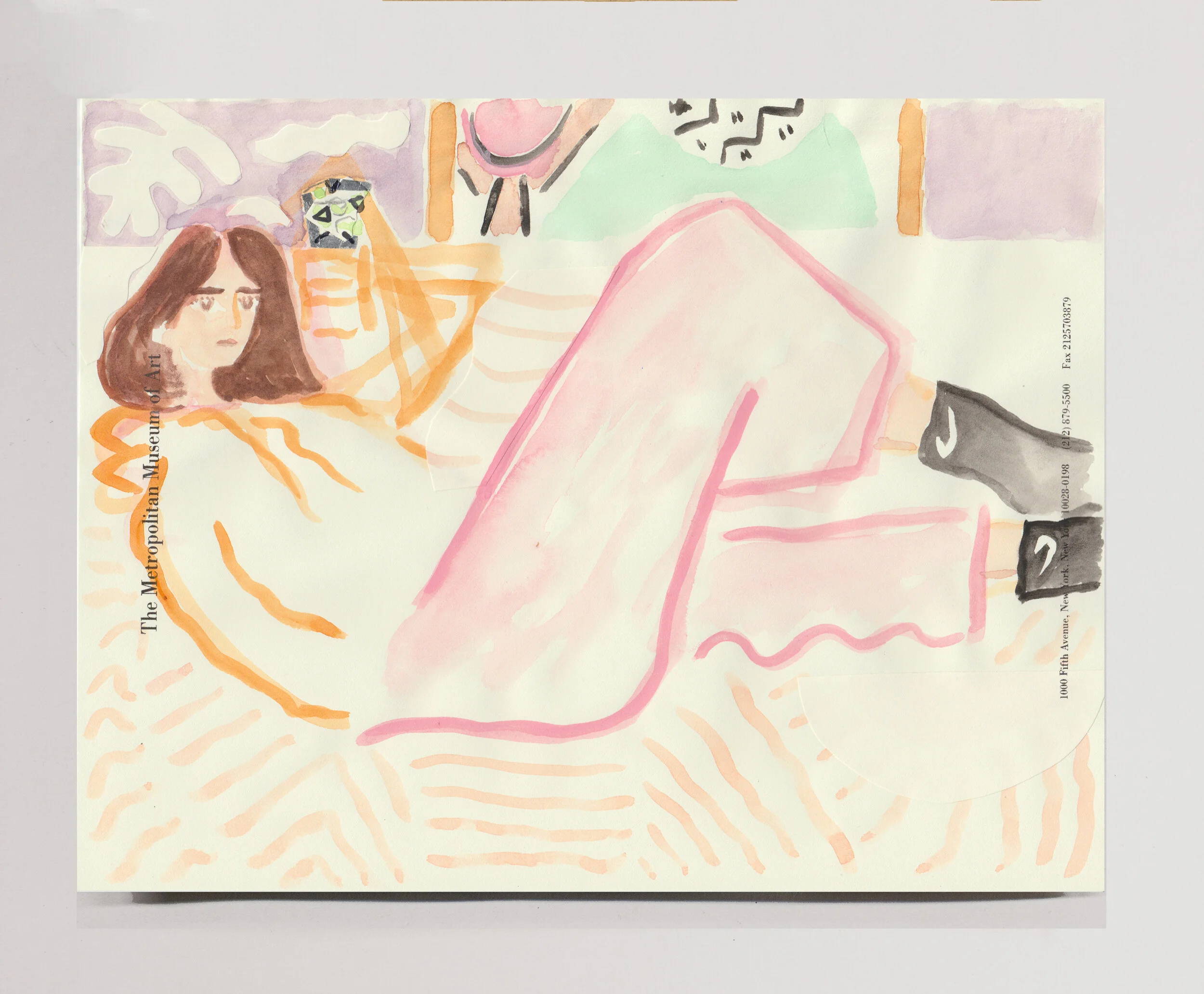   Pink Pants, Black Socks  , 2020 Watercolor and foil on paper, 8.5 x 11” 