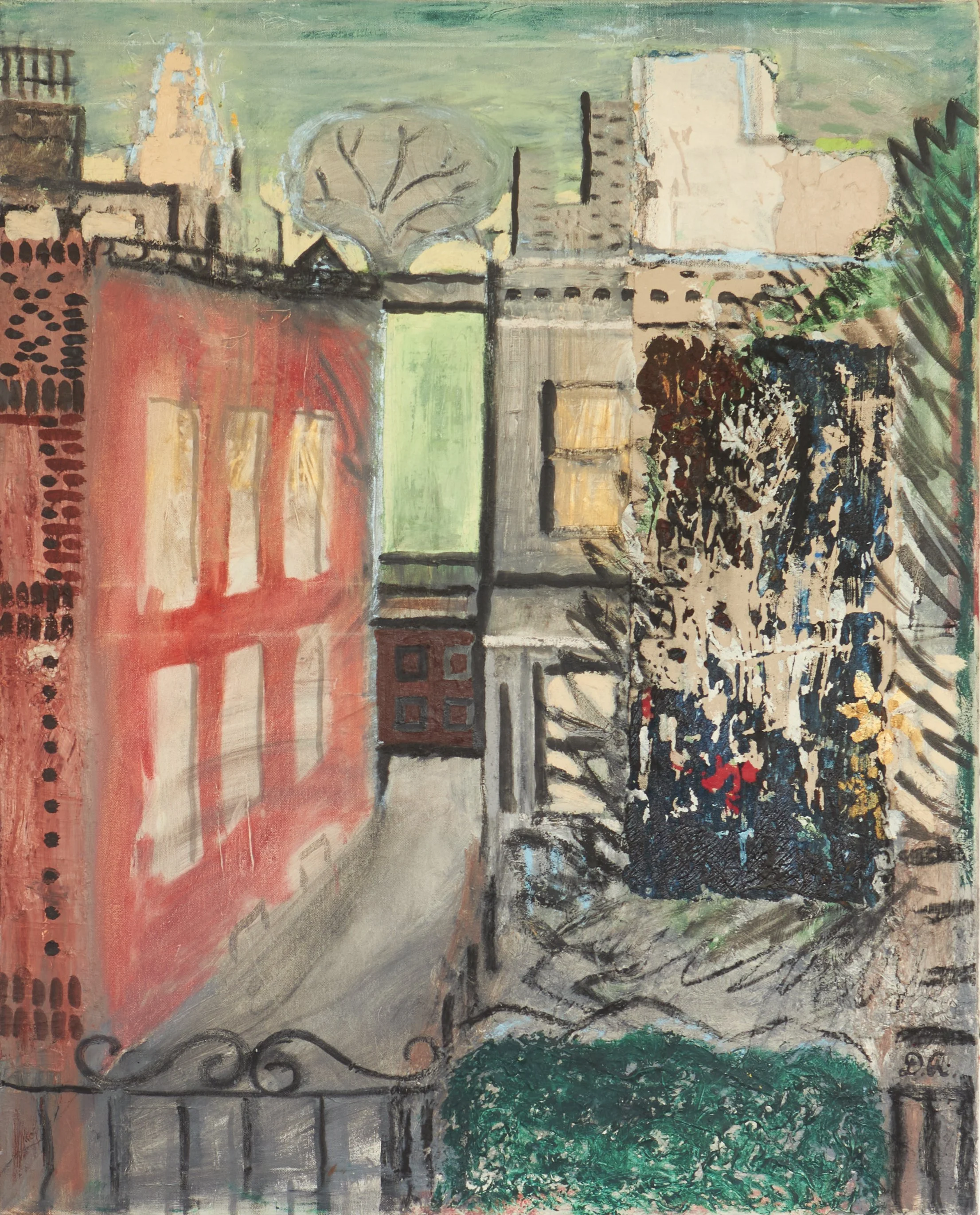  13th Street at Night , 2025 Oil, charcoal, and cut-and-pasted canvas on canvas 