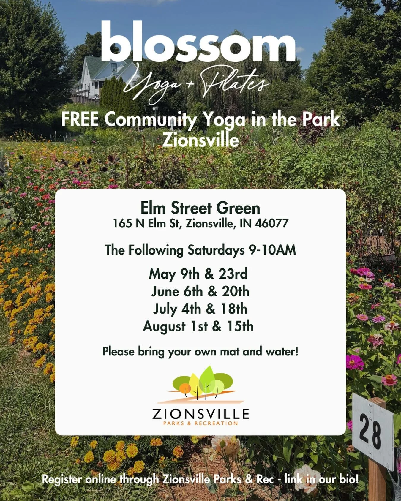 We&rsquo;re back with FREE Community Yoga in the park this summer in Zionsville 🧘&zwj;♀️🌳🌷

Elm Street Green | Select saturdays May-August! 

Register at the link in our bio or through the Zionsville Parks and Rec website! 

#yogainthepark #blosso