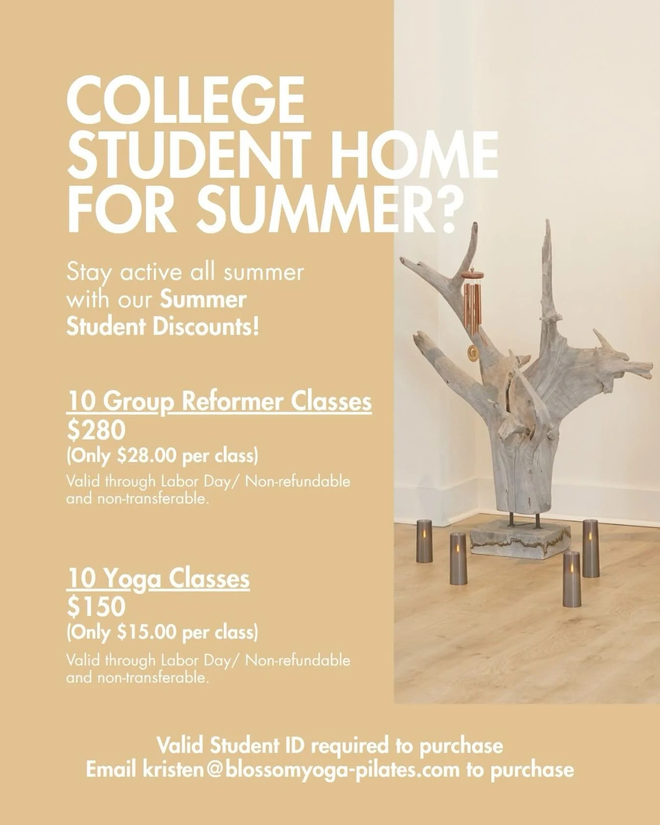 Welcome home college kids! Stay active all summer with our Summer Student Yoga discounts!! 

Perfect for students home for the summer looking to stay strong, flexible, and stress-free before heading back to school! 

Valid through Labor Day - Non-ref
