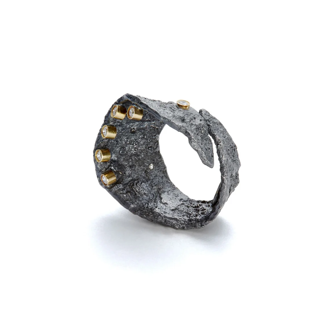 ED86R Floating in the Dark ring. Blackened sterling silver, 18k yellow gold, white diamonds.