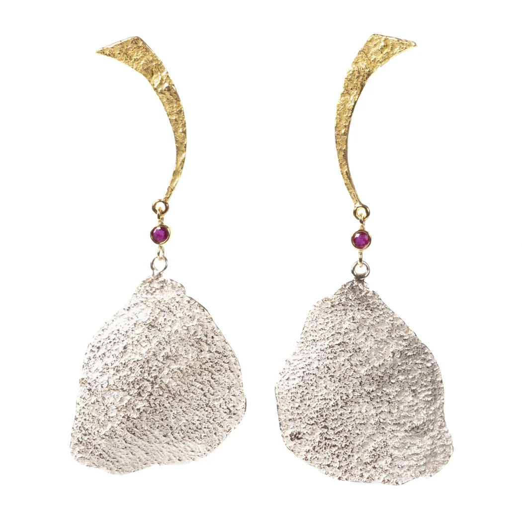 ED123E Letting Go earrings. Sterling silver, 18k yellow gold, rubies.