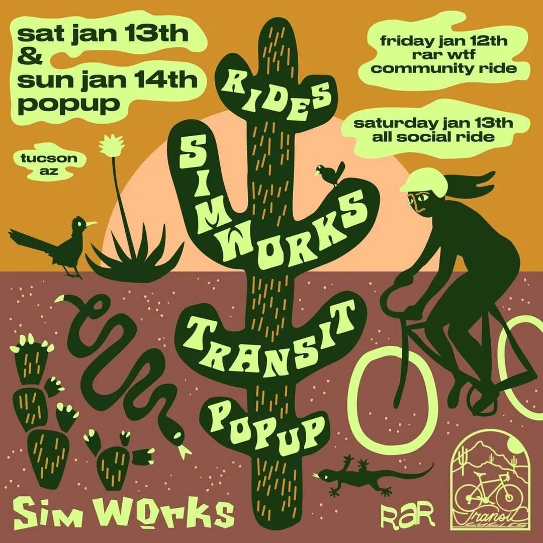 Hey Sportsfans! 

Now that the holidays are calmed down and we're mostly back to our easy desert vibes, let's show up for our friends from Sim Works!
Saturday January 13 and Sunday January 14 Sim Works (Portland, OR) will be at Transit Cycles to show
