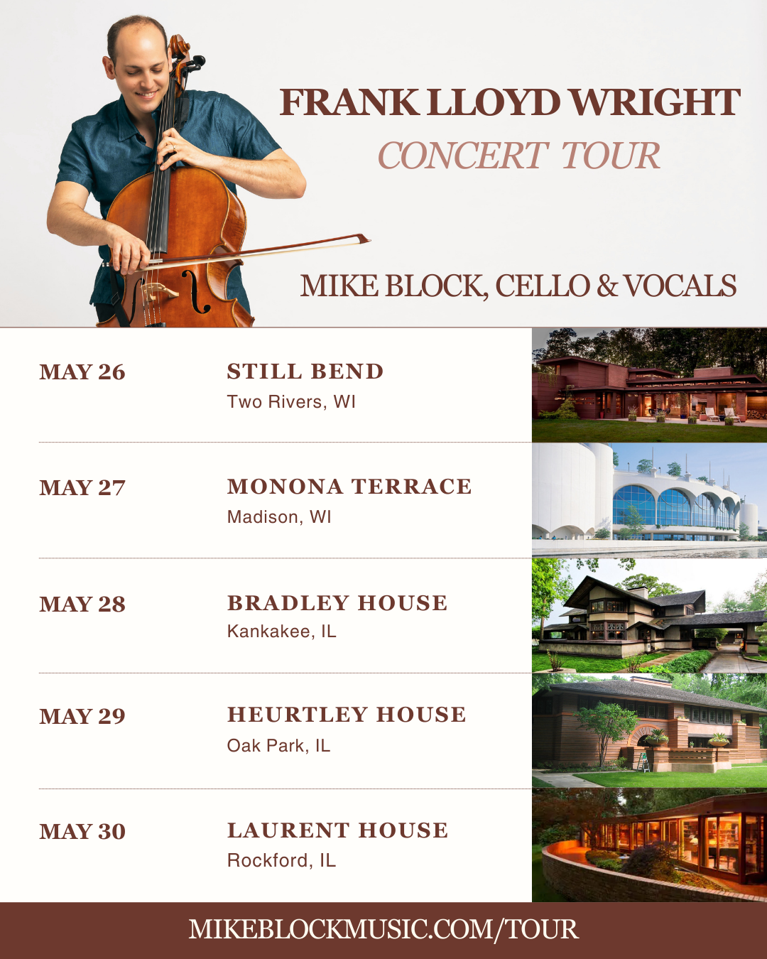 Frank Lloyd Wright Summer Concert Tour 2026 — Mike Block