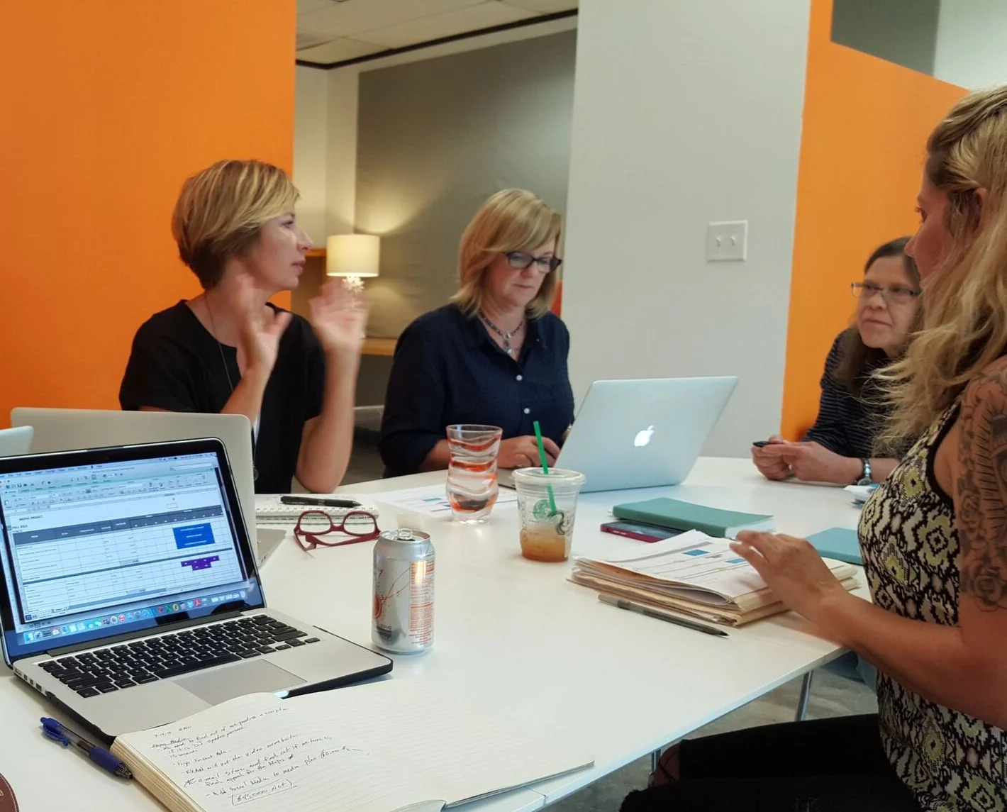 Girls around table in old office.jpg