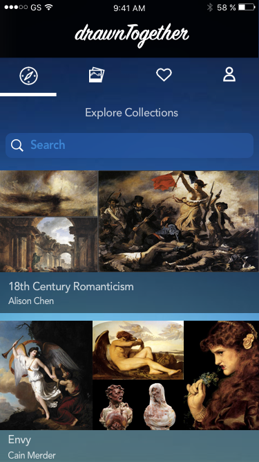  design for the home page of the application drawnTogether, conceived by a team of Stanford students for the class CS147. The app allows users to browse, as well as create, collections of images. If a user is inspired by a collection and decides to c