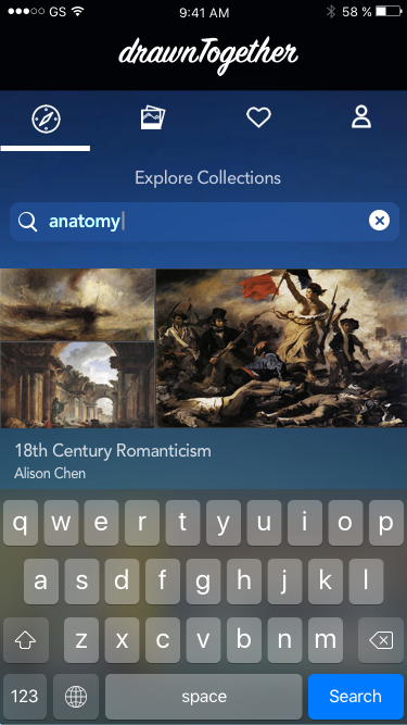 design for the search page of the application drawnTogether, conceived by a team of Stanford students for the class CS147. The app allows users to browse, as well as create, collections of images. If a user is inspired by a collection and decides to