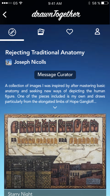  design for the individual collection view of the application drawnTogether, conceived by a team of Stanford students for the class CS147. The app allows users to browse, as well as create, collections of images. If a user is inspired by a collection