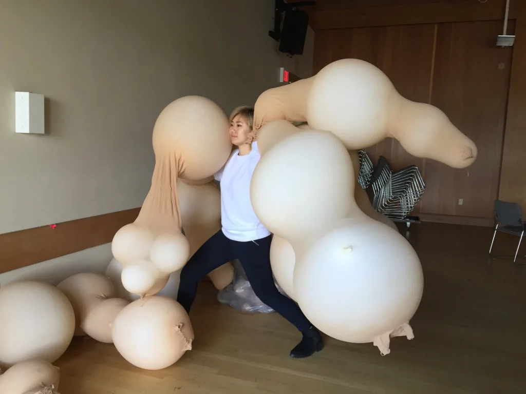   Womb , a hanging installation made in collaboration with students Marianne Dang and Vivian Xiao  Nylon stockings, balloons. 2016 